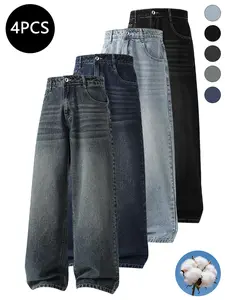 4-pack men’s jeans for autumn/winter, high cotton content, simple versatile straight-leg classic vintage jeans—men’s pants suitable for everyday commuting and casual wear.