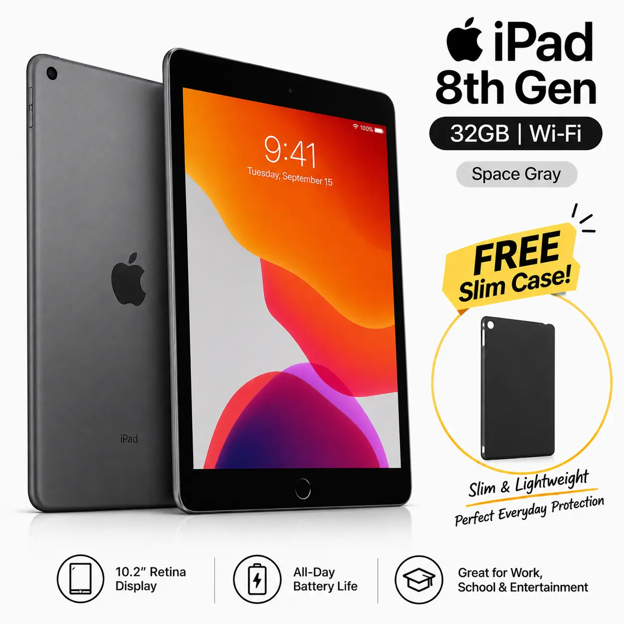 Refurbished iPad 8th Gen 32GB (WiFi) with Case - Acceptable Condition with 1 Year Warranty
