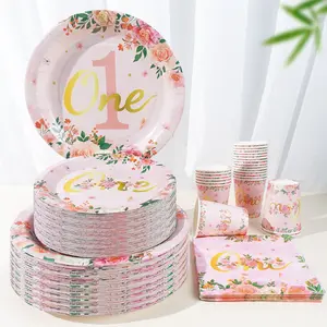 96PCS Floral Princess Theme Party Supplies|Disposable Dinnerware/Birthday/Holiday Decorations|Paper Plates Cups Napkins for 24 Guests|Cute Flower/Celebration Gathering Set
