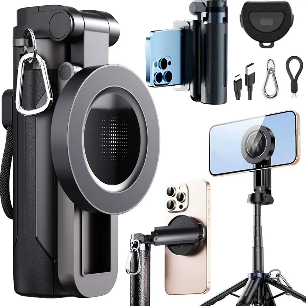 2026 New Four-In-One Multi-Function Magnetic Selfie Stick, 360° Rotatable, Wireless Bluetooth-compatible Control, Phone Stand, Video Blogging