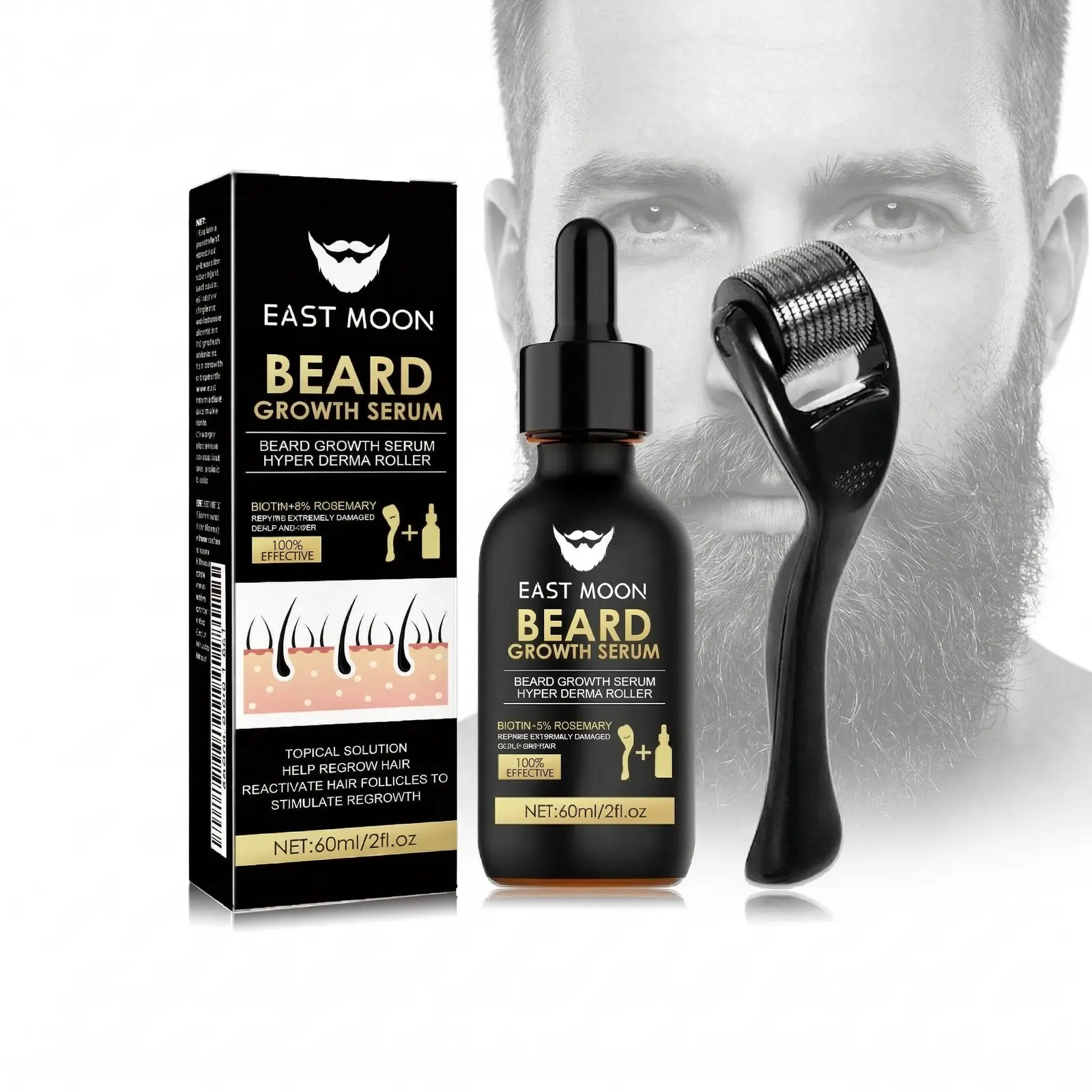 East Moon Premium Men's Beard Growth Kit (2oz Large) - Biotin & Rosemary Liquid Hair Care Serum, Micro-Needle Derma Roller, Thick Beard Grooming Single Item, Growth Hair Care Set, Ideal Gift for Him