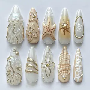 30 Pcs New Beach 3D Starfish Mermaid Nail Art, Reusable Press-On Nails with Rhinestones, Almond Shape, Perfect for Daily, Dates, Parties