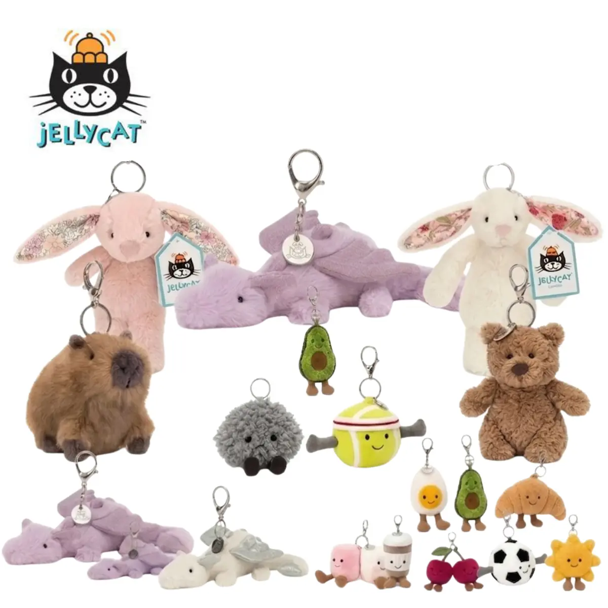Jellycat Collectible Plush Keychain - Cute Animal or Food-Themed Soft Charm, Hanging Pendant for Backpacks, Car Keys Gift Item