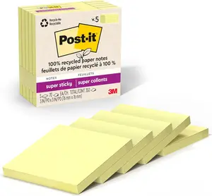 Post-It 100% Recycled Paper Super Sticky Notes, Canary Yellow, 3 In. X 3 In., 5 Sticky Note Pads, 70 Sheets per Pad, School Supplies and Office Products 3M