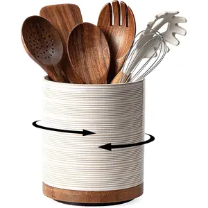 360° Rotating Extra Large Ceramic Kitchen Utensil Holder for Countertop, 7.3" Cooking Utensil Crock with Rotatable Wooden Base, Farmhouse Kitchen Decor, Arctic White