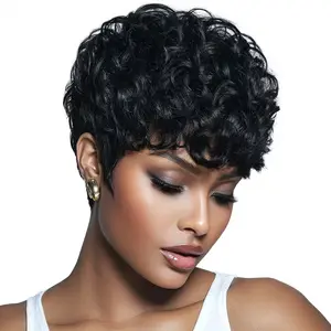 Short Black Curly Pixie Wig with Bangs for Women, Natural Looking Synthetic Wig, Fluffy Cropped Curly Hair for Daily Wear, Party, Cosplay