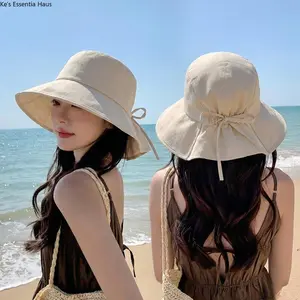 Women’s Wide Brim Sun Hat Bow Decor Bucket Hat Lightweight Breathable UV Protection Summer Outdoor Beach Travel Fishing Sunscreen Cap