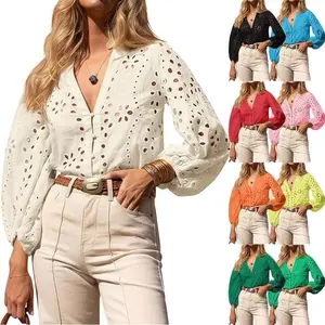 ARTFREE Womens Deep V Neck Eyelet Blouses Tops Dressy Casual 3/4 Balloon Sleeve Cotton Button Down Shirts Summer outfits