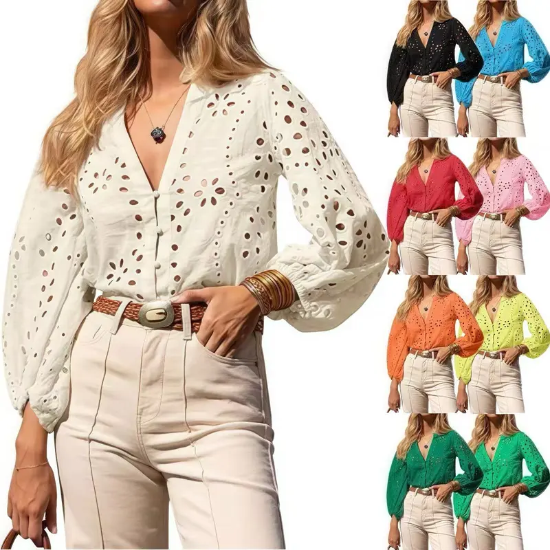 【Eyelet】ARTFREE Womens Deep V Neck Eyelet Blouses Tops Dressy Casual 3/4 Balloon Sleeve Cotton Button Down Shirts Summer outfits