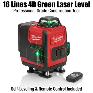 Milwaukee M18 Cross Line Laser Level 16 Lines 4D Green 360° Horizontal & Vertical for Tiling Framing Self Leveling Remote Control Included professional grade