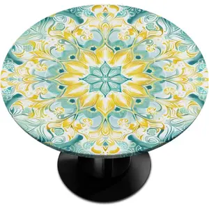 Floral Round Fitted Tablecloth Ethnic Boho Small Round Table Cover with Elastic Edge Waterproof Wipeable Circle Table Cloths for Fit 40"-44" Tables Pad