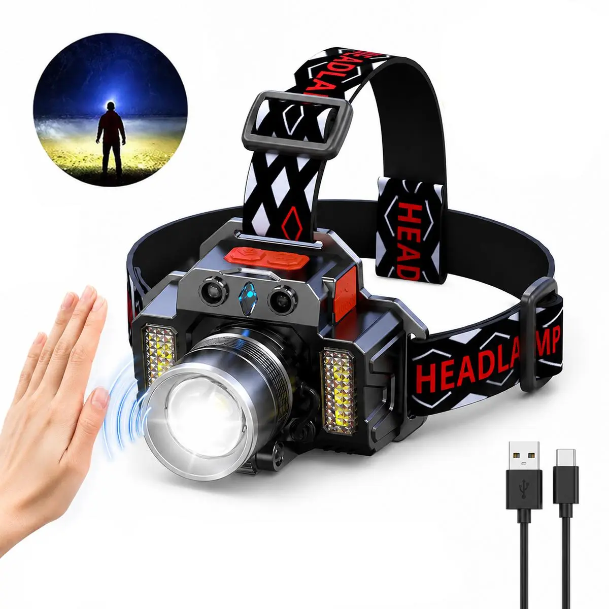 Rechargeable LED Headlamp with 3 Color Filter Lenses, Motion Sensor Head Light, Adjustable Focus and USB-C Charging for Camping, Fishing, Hiking & Outdoor Work