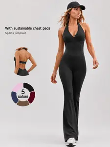Buttery Soft Women's Yoga Jumpsuit, Halter Flared Sexy Lace Open Back Removable Padded High Stretch One Piece for Daily & Gym