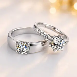 Premium Moissanite Couple Rings Set - 4-Prong/6-Prong Solitaire Bands, Platinum-Like Finish, Matching Promise Rings for Him and Her, Ideal Engagement & Anniversary Gift