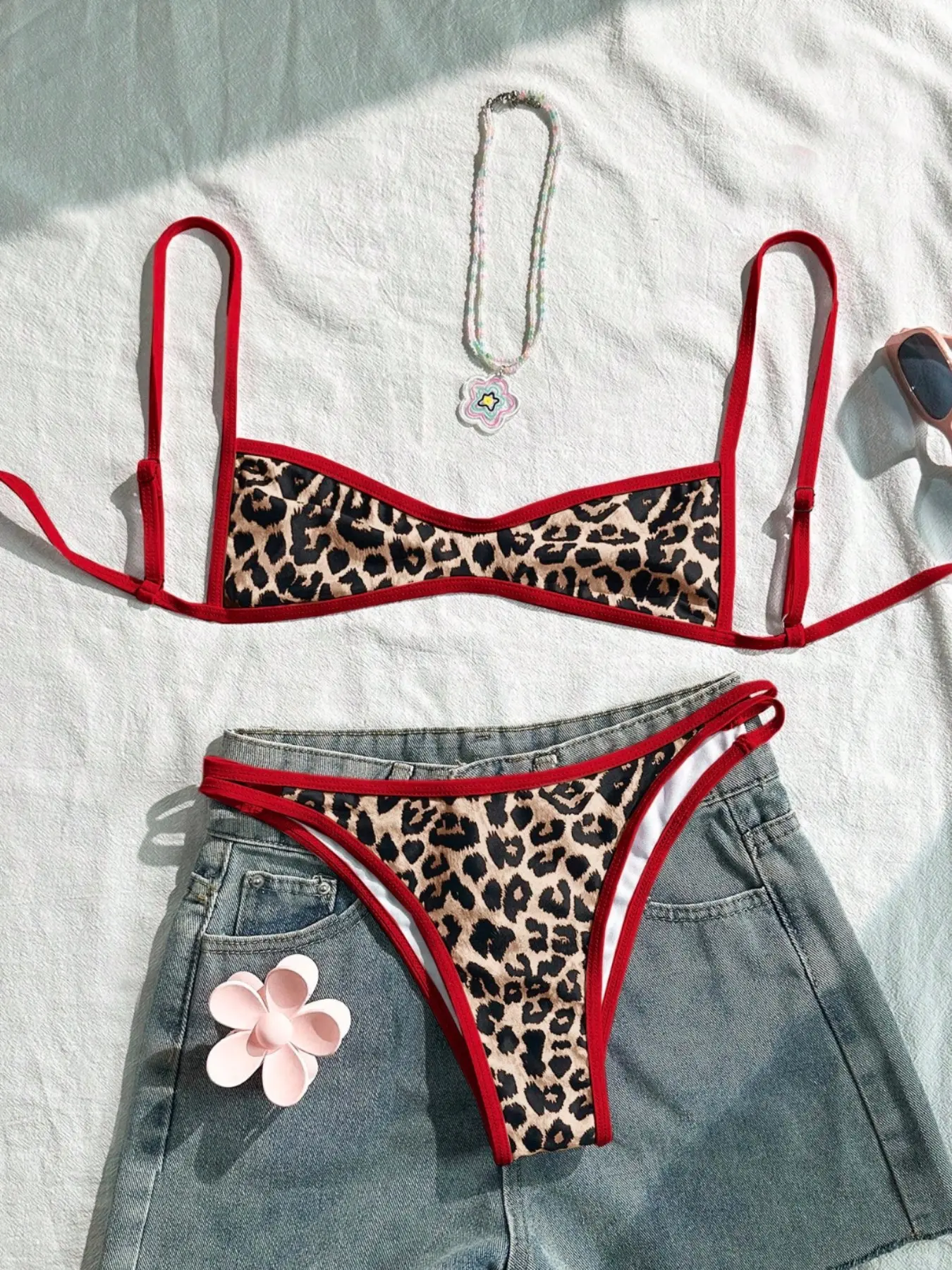 Women's Leopard Print Trim Sexy Bikini Set, Leopard Swimwear Set, Paisley Print Swimsuit, Summer Holiday Beachwear for Dates & Music Festivals