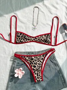 Women's Leopard Print Trim Sexy Bikini Swimsuit Set, High Waisted Swimsuit, Summer Beach Skirt Bikinis Summer 2026 Cashew Floral Print, Summer Beach Suitable For Holiday, Date, Cruise, Beach, Music Festival