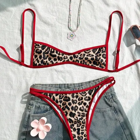 Women's Leopard Print Trim Sexy Bikini Set, Bikinis Sets, Leopard Set, Paisley Print Swimsuit, Summer Holiday Beachwear for Dates & Music Festivals