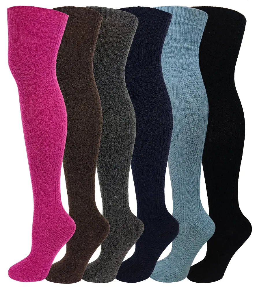 Women’s Thigh High Winter Boot Socks | Wool Cable Knit Over-the-Knee (6 Pairs)