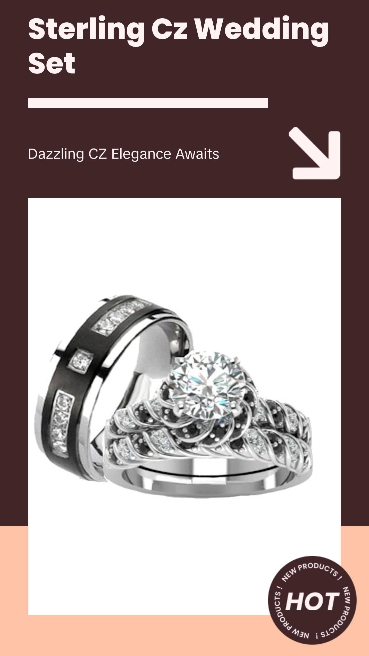 His Hers Cz Wedding Ring Set Sterling Silver & Titanium Wedding Rings