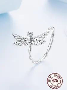 Elegant S925 Silver Color Unique Dragonfly Ring, Adjustable Fit Open Design, Artificial Pearl Inlay, Casual All-Season Jewelry for Women