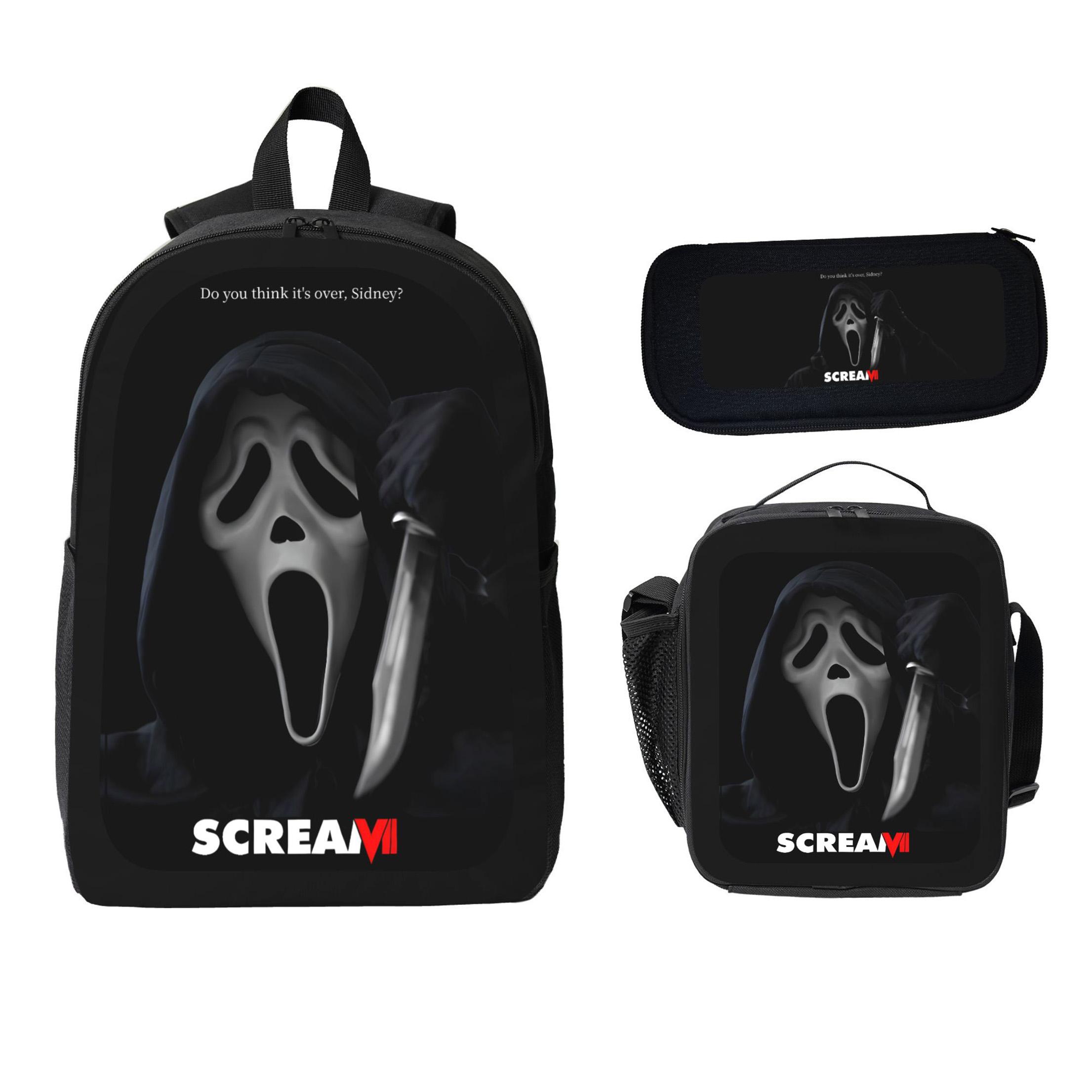 Horror Movie Print Scream 3-Piece Polyester Backpack Set - Lightweight, Large Capacity, Includes School Bag, Lunch Bag & Pencil Case, First Day of School Gift for Teens