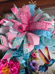 Hummingbird Spring Wreath for Front Door – Pink and Blue Everyday Summer Wreath with Designer Ribbon