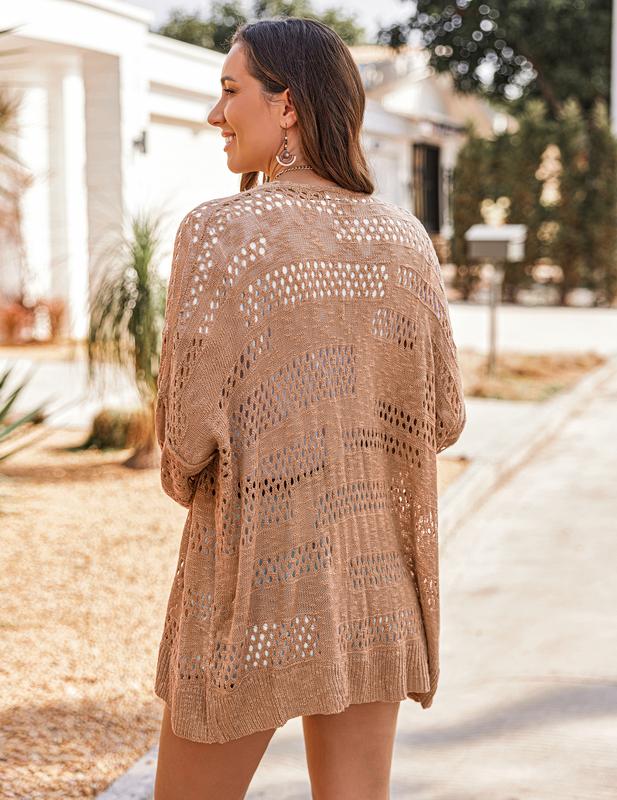 Women's Lightweight Crochet Cardigan Long Sleeve Open Front Oversized Summer Sweater Batwing Beach Fashion