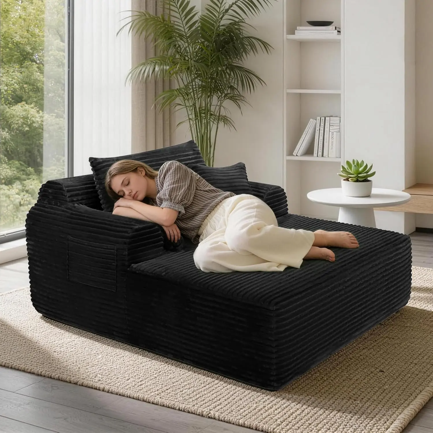 Garvee 65" Indoor Chaise Lounge Chair – Frameless, 3 Pillows Included, Oversized Ergonomic Deep Seat, Corduroy Reading Chair for Living Room & Bedroom, No Assembly Needed, Black & Green Options