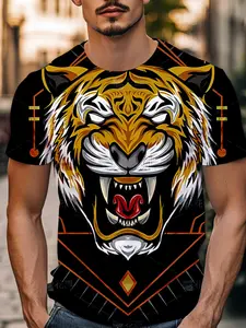 Fierce Mechanical Tiger Totem Short Sleeve Tee, High Saturation Visual Impact, Comfortable Fit for Casual Wear & Weekend Outings, Perfect Holiday Gift