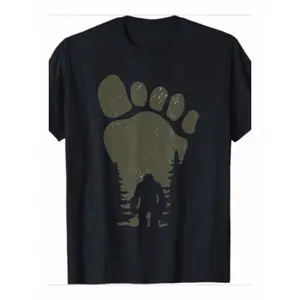 1pc Sasquatch Footprints in Forest Graphic T-Shirt 100% Cotton, Crew Neck, Short Sleeve, Casual Fit, All-Season Knit Fabric Tee for Men