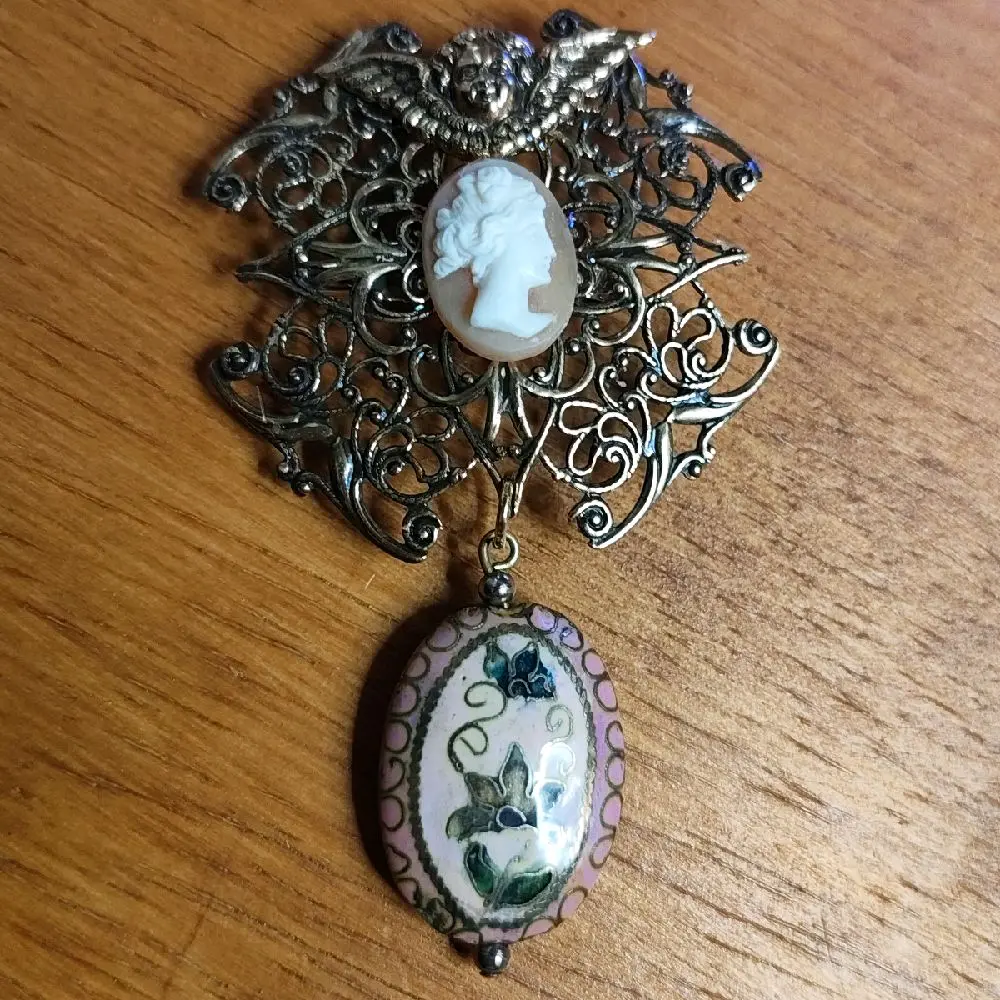 Handmade Art Deco Cloisonne Style Cameo Brooch