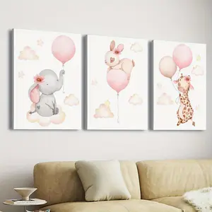 3 Pieces Wooden Frame Canvas Print Decorative Painting, Elephant, Rabbit, Giraffe, Minimalism, Animal with Balloon, Indoor Home Wall Decoration Art Ornaments Artistic