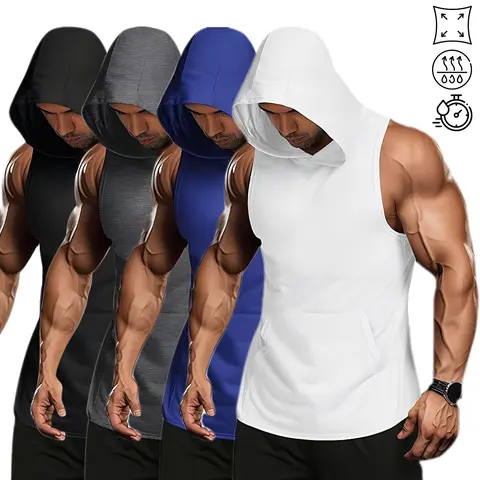 4 Pack Men's Workout Hooded Tank Tops Muscle Gym Hoodies, Sleeveless Bodybuilding Training Shirts with Kangaroo Pockets, Breathable Quick Dry Athletic Vest Bundle