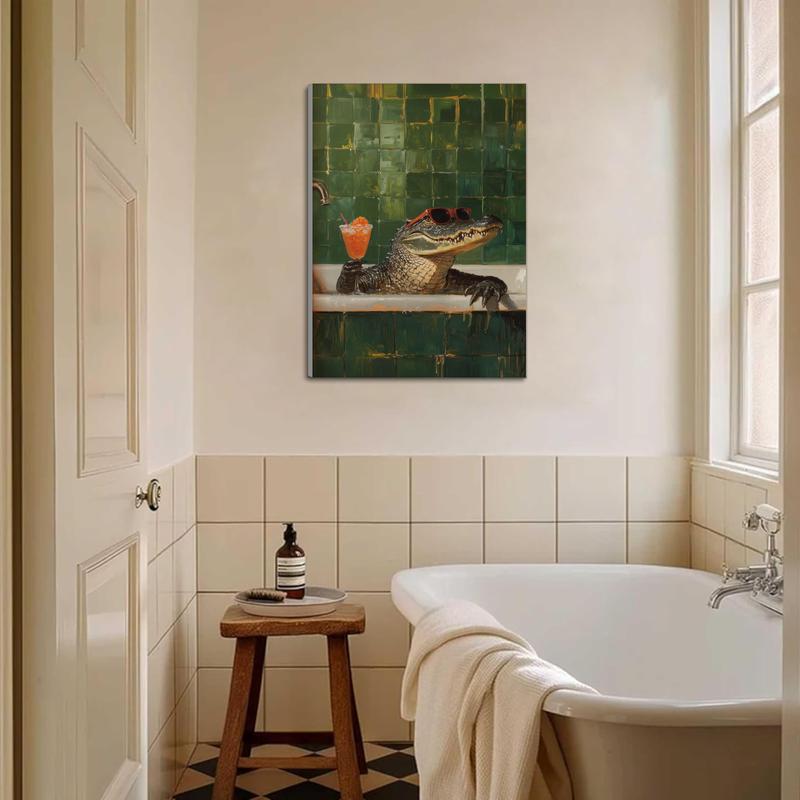 Wall Art, Fashion Poster, Crocodile Taking a Bath and Drinking Red Wine Art Print, Abstract Humorous Animal Canvas Painting, Unique and Creative Wall Aesthetic Decoration, Perfect Decoration for Living Room and Bedroom