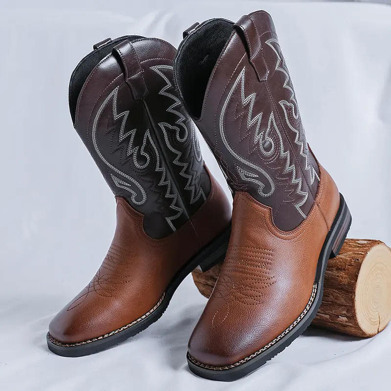 CYUW Men’s Western Cowboy Square-Toe Boots, Mid-Height Vintage Embroidered Knight Boots, American Workwear Outdoor Casual Long Boots