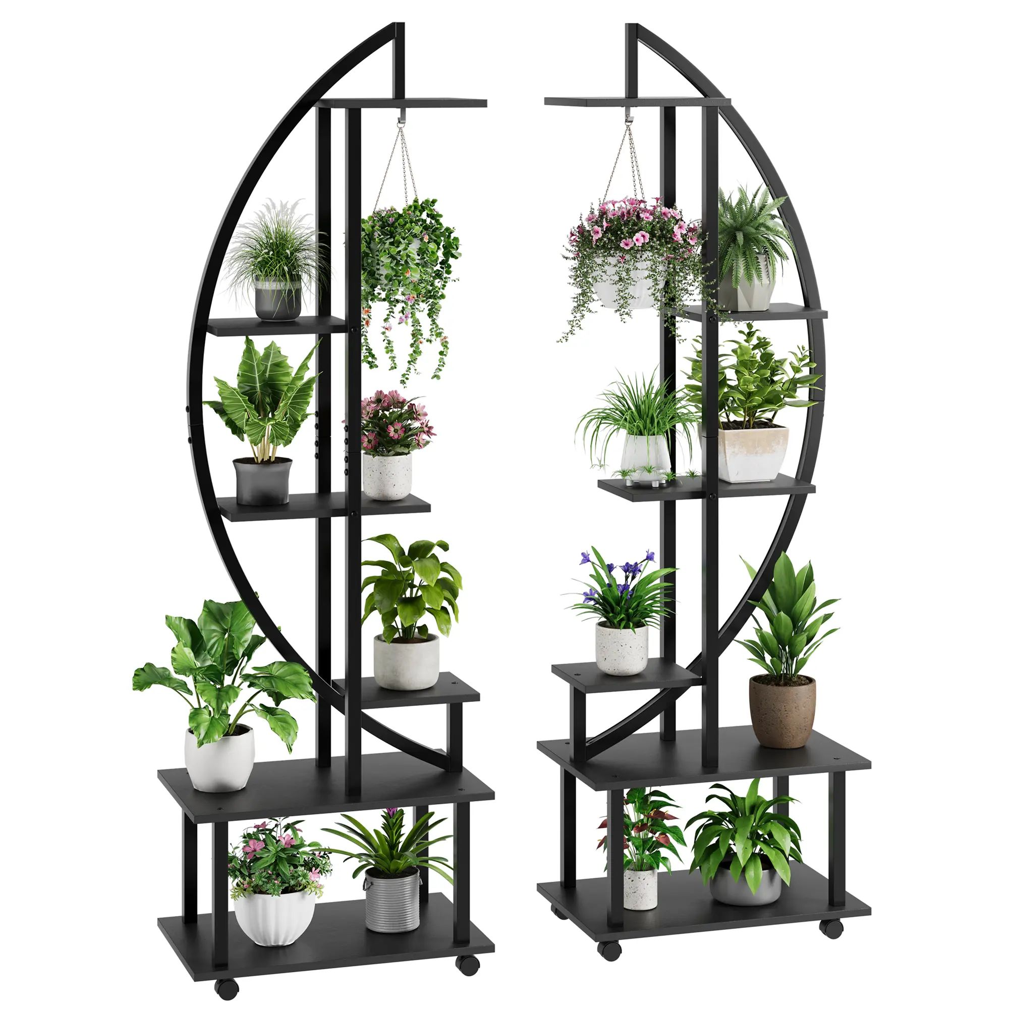 6-Tier Tall Metal Plant Stand with Wheels and Drawers – Indoor/Outdoor Rolling Flower Pot Holder – Multi-Plant Corner Shelf Rack – Sturdy Display for Living Room, Balcony, Garden, Patio, Black
