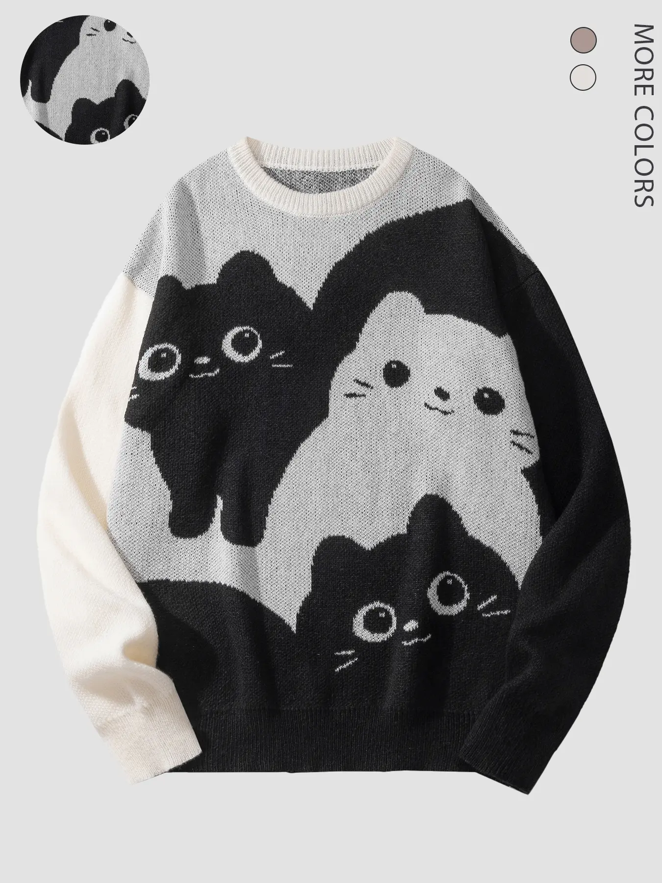 Autumn Winter New Round Neck Long Sleeve Men's Cute Style, Adorable Cat Colorblock Crewneck Sweater Pullover Tops, Casual Loose Fit, Unisex, Indoor Wear, Sweatshirts, Layer
