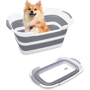 Collapsible Pet Bathtub, 7.1 Gal (27L) - Foldable Bathing Tub with Drain Plug for Dogs & Cats Under 30 lbs - Multi-Use as Laundry Basket, Storage Organizer, Camping Sink (Grey)