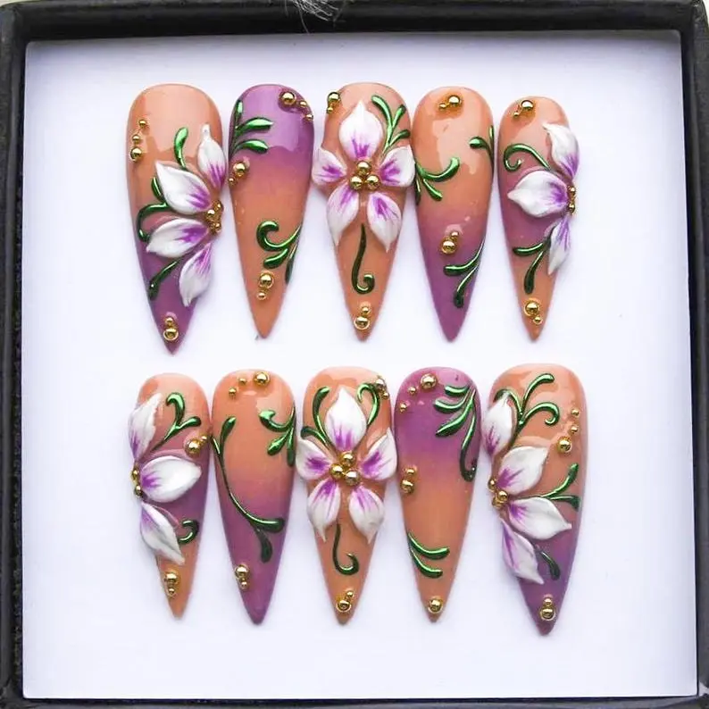 Purple Lavender Stiletto Press on Nails | Luxury 3D White Flower & Green Vines | Ombre Floral Nails | Handmade Long False Nails Vn
