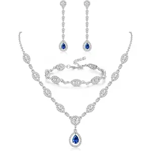 YADOCA Wedding Bridal Jewelry Set For Women Silver Prom Costume Jewelry Sets Rhinestone Crystal Teardrop Necklace Earrings Bracelet Bridesmaid Jewelry Accessories Blue Silver Red Rose Gold