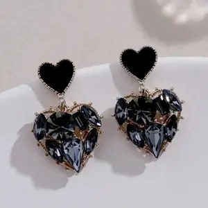 Gold Plating Heart-Shaped Dangle Earrings with Gray Natural Stone, Chic Korean Fashion Costume Jewelry for Women, Female Evening Wear Accessories