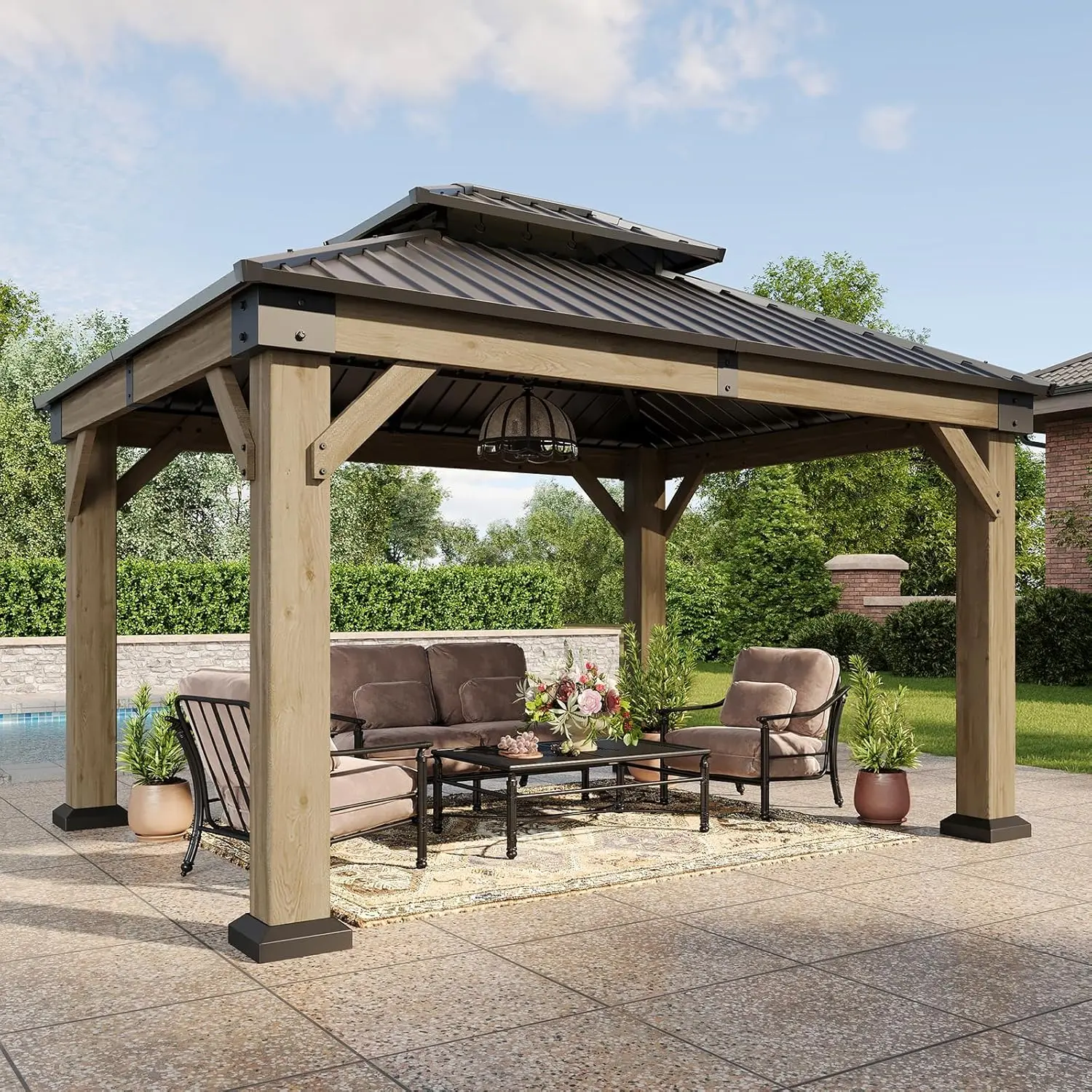 Aoxun Permanent Cedar Wood Gazebo - 10'x10'/12'x10' Outdoor Enclosure Garden Building, Galvanized Steel Double Hardtop, Grey Patio/Garden Furniture, Enclosure Garden Buildings summerwins