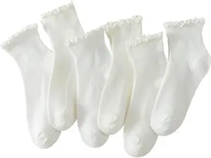 6 Pairs of Ruffle Socks Women, Cute Ruffle Ankle Socks, Size: US (5-9), Colour: White