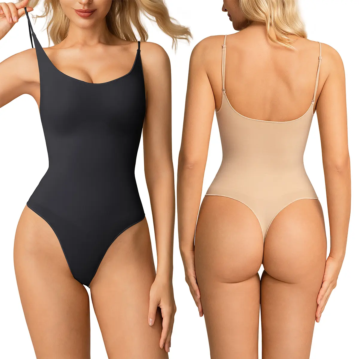 SUPRENX Women's Basic Seamless Scoop Neck Bodysuit, Adjustable Thin Strap Tummy Control Top, Breathable Compression Shapewear, Thong Back Layering Design, Versatile for Daily Wear, Office, Night Out