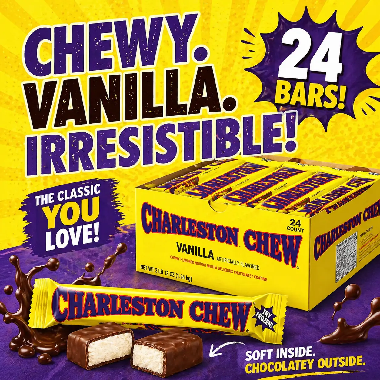 Charleston Chew Vanilla Candy Bars 24 Count Tray  Classic Chewy Nougat Bars | Vanilla-Flavored Treats for Parties & Snacking