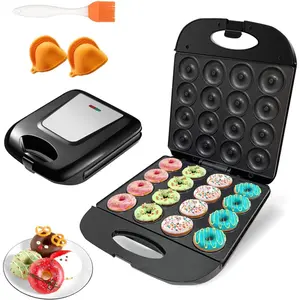 2026 Mini Donut Maker Machine for Home, Kid-Friendly 16-Hole Electric Doughnut and Pancake Maker with Non-Stick Surface, Ideal for Homemade Doughnuts (Black with Mini Oven Gloves & Brush)
