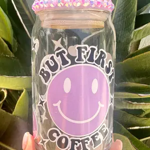 Coffee First Smiley Face Glass Can