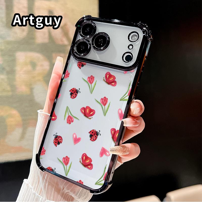 Ladybug Floral Dream Pattern Phone Case for iPhone 17 Pro Max 16 15 Plus Air 14 13 12 11 E Electroplated Cover with Airbag Shockproof Soft Silicone Casing