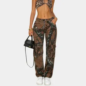 New women's street style irregularly printed fashionable cross-border denim workwear straight-leg trousers loose straight-leg fit
