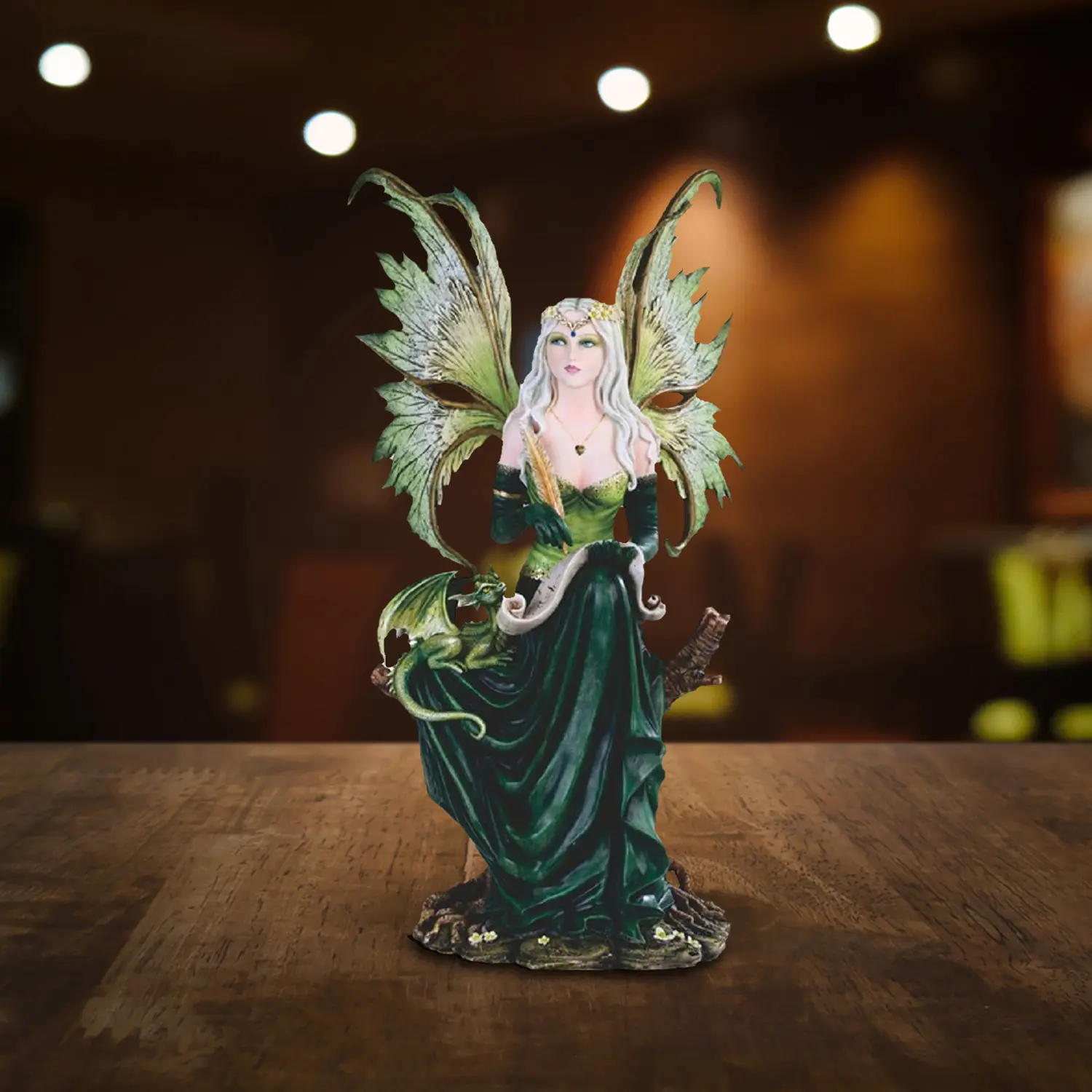 17.5"H Reading Fairy and Green Baby Dragon Statue Fantasy Decoration Figurine